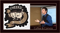 Logo of event with coffee cup and speaker speaking