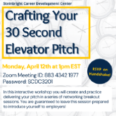 Graphic describing the crafting your 30 second elevator pitch workshop