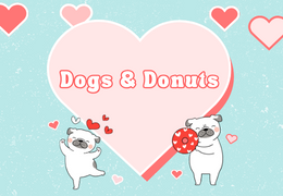 Pink heart with dogs holding donuts and hearts on light blue background