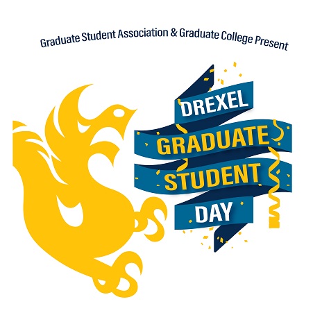 "Graduate Student Day" with blue ribbons around it and a yellow Dragon logo