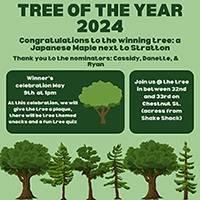 details of the event are superimposed on a green background, tree graphics
