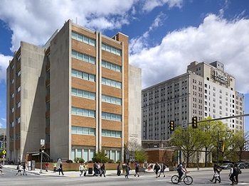 View of the Dornsife School of Public Health building on Market Street