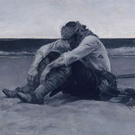 Marooned by Howard Pyle, figure sitting alone on a beach