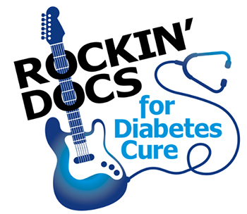The logo for Rockin' Docs for Diabetes Cure, guitar with stethoscope cord