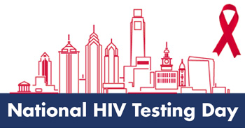 Red skyline with text in white on blue background, National HIV Testing Day