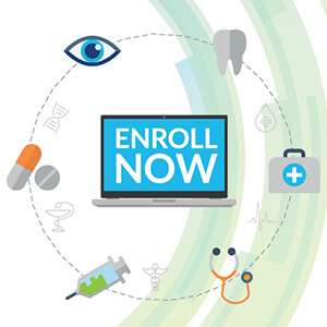 Green and White Image with Center Screen that reads Open Enrollment