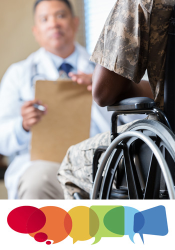 Person in a wheelchair talking to a doctor, above rainbow speech bubbles