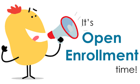 Yellow Cartoon with Megaphone with text reading open enrollment