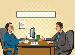 Graphic with two men interviewing
