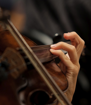A close-up of a violin and the player's hand