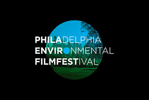 A circle gradient of blue and green with text for Phila Enviro Film Fest