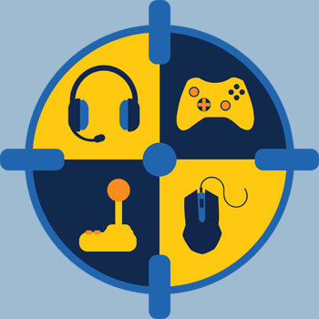 blue and gold circle with headphones, joystick, mouse, and xbox controller