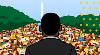 Drawing of Martin Luther King Jr speaking to crowd