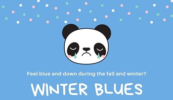 Drawing of sad panda crying and title Winter Blues