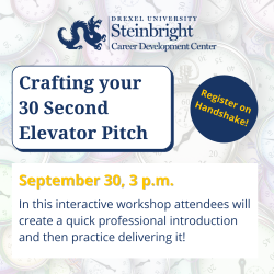 Graphic describing the crafting your 30 second elevator pitch workshop