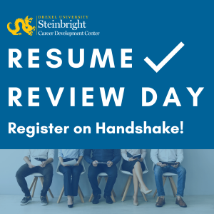 Graphic that says Resume Review Day, register on Handshake