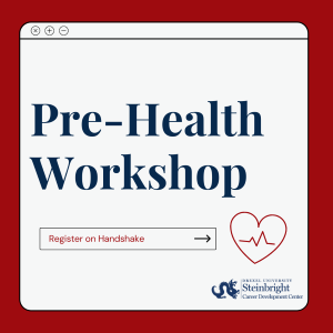 Graphic that says pre-health workshop, register on Handshake