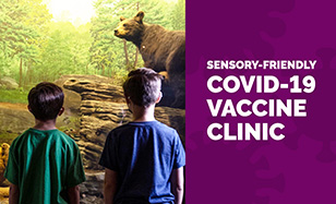sensory friendly vaccine clinic white text on purple background