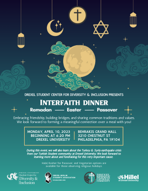 Interfaith Dinner, April 10, 6:20 p.m., Behrakis Grand Hall