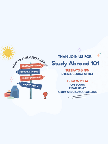 Join us for Study Abroad 101. Tuesdays, 4pm in office. Fridays, 1pm on Zoom
