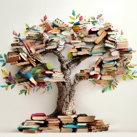 Literacy, education, knowledge concept with color books on tree on white ba