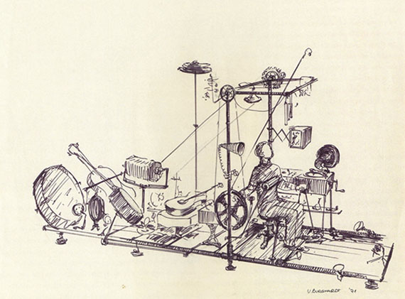sketch of man sitting in music machine